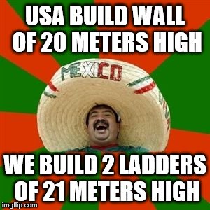 succesful mexican | USA BUILD WALL OF 20 METERS HIGH; WE BUILD 2 LADDERS OF 21 METERS HIGH | image tagged in succesful mexican | made w/ Imgflip meme maker
