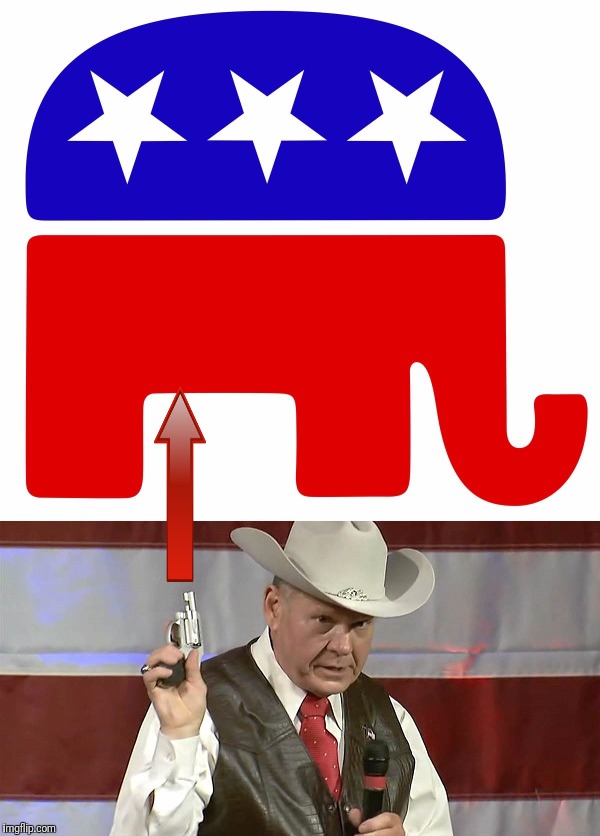 Gelding the Elephant in the Room.... | image tagged in judge roy moore jr ret,gop logo,finding neverland inverted,gop inverted starz,memes,funny | made w/ Imgflip meme maker