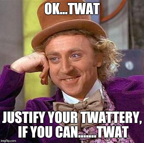 Creepy Condescending Wonka Meme | OK...TWAT; JUSTIFY YOUR TWATTERY, IF YOU CAN.......TWAT | image tagged in memes,creepy condescending wonka | made w/ Imgflip meme maker