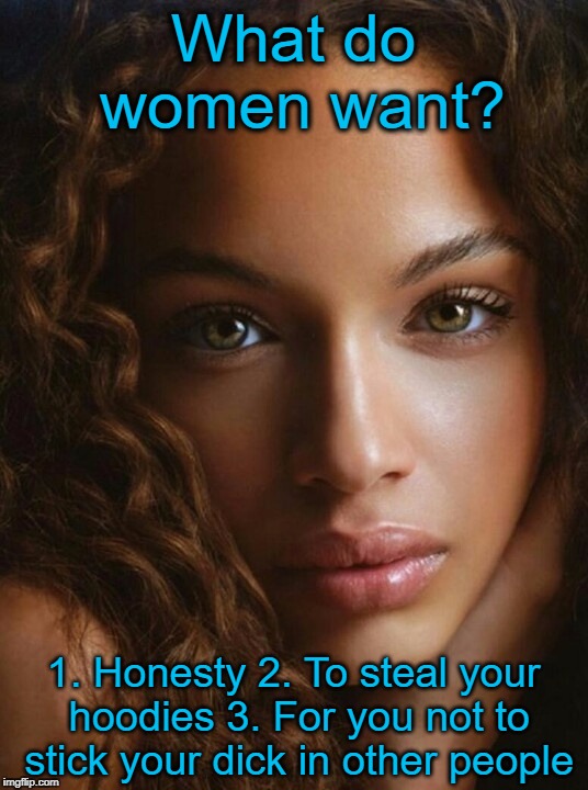 What do women want? | What do women want? 1. Honesty
2. To steal your hoodies
3. For you not to stick your dick in other people | image tagged in women want honesty hoodies loyalty faithfulness | made w/ Imgflip meme maker