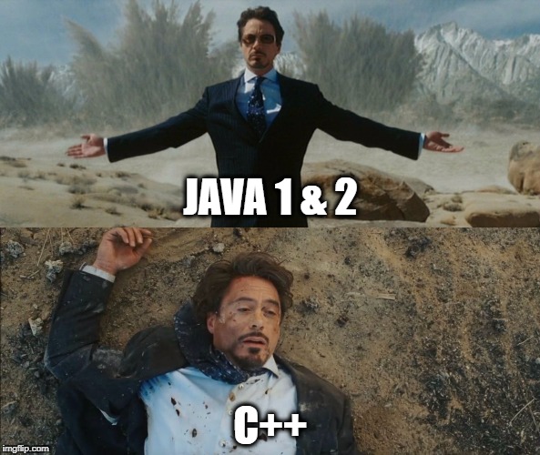Tony Stark Before and After | JAVA 1 & 2; C++ | image tagged in tony stark before and after | made w/ Imgflip meme maker