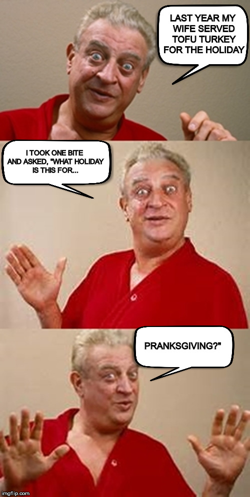 She should have held on to it until April Fools Day | LAST YEAR MY WIFE SERVED TOFU TURKEY FOR THE HOLIDAY; I TOOK ONE BITE AND ASKED, "WHAT HOLIDAY IS THIS FOR... PRANKSGIVING?" | image tagged in bad pun dangerfield,turkey,tofu,thanksgiving,holidays | made w/ Imgflip meme maker