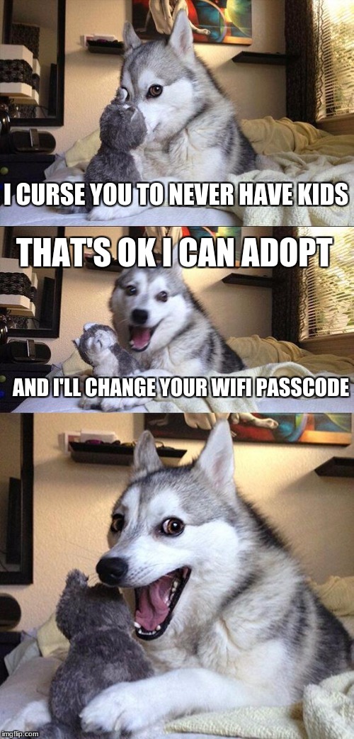 Bad Pun Dog | I CURSE YOU TO NEVER HAVE KIDS; THAT'S OK I CAN ADOPT; AND I'LL CHANGE YOUR WIFI PASSCODE | image tagged in memes,bad pun dog | made w/ Imgflip meme maker
