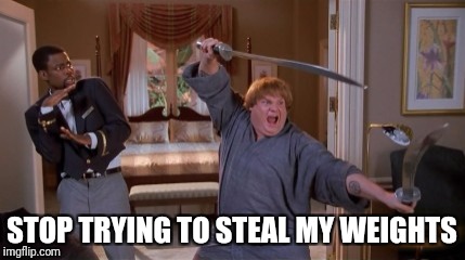 Ninja Gainzzz | STOP TRYING TO STEAL MY WEIGHTS | image tagged in gym,chris farley,chris rock | made w/ Imgflip meme maker
