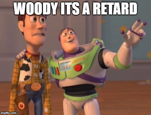 X, X Everywhere Meme | WOODY ITS A RETARD | image tagged in memes,x x everywhere | made w/ Imgflip meme maker