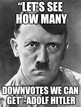 Death to the memers | “LET’S SEE HOW MANY; DOWNVOTES WE CAN GET”-ADOLF HITLER | image tagged in assholeadolf,funny,downvote | made w/ Imgflip meme maker