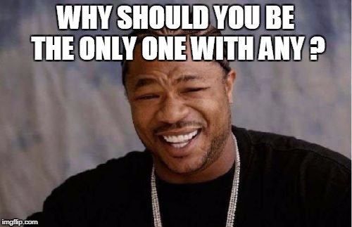 Yo Dawg Heard You Meme | WHY SHOULD YOU BE THE ONLY ONE WITH ANY ? | image tagged in memes,yo dawg heard you | made w/ Imgflip meme maker