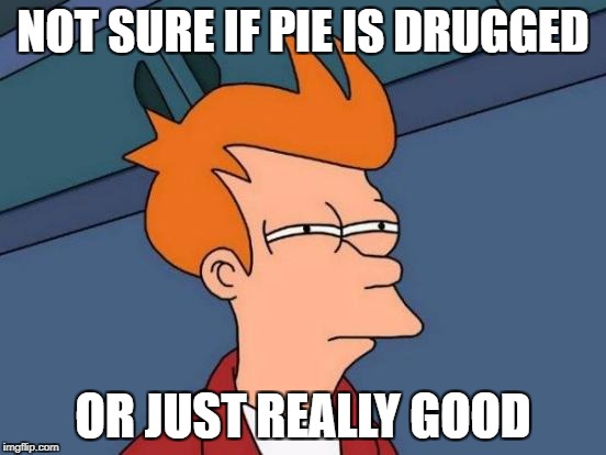 Futurama Fry Meme | NOT SURE IF PIE IS DRUGGED OR JUST REALLY GOOD | image tagged in memes,futurama fry | made w/ Imgflip meme maker