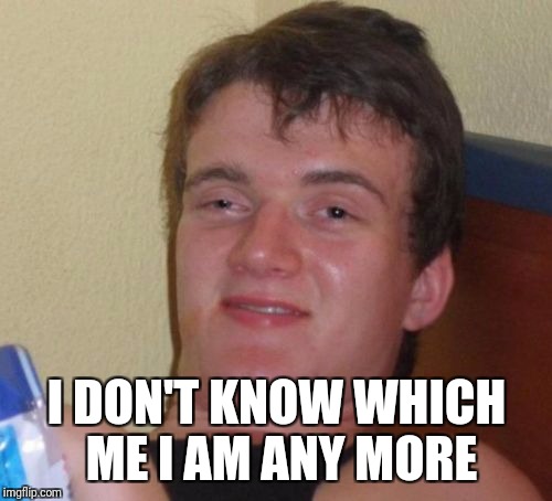 10 Guy Meme | I DON'T KNOW WHICH ME I AM ANY MORE | image tagged in memes,10 guy | made w/ Imgflip meme maker