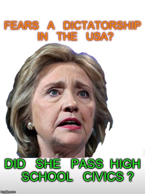 demagogue | FEARS   A   DICTATORSHIP  IN   THE   USA? DID   SHE   PASS  HIGH   SCHOOL   CIVICS ? | image tagged in hillary clinton | made w/ Imgflip meme maker