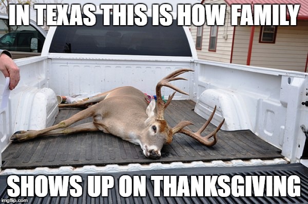 IN TEXAS THIS IS HOW FAMILY; SHOWS UP ON THANKSGIVING | image tagged in deer in truck | made w/ Imgflip meme maker