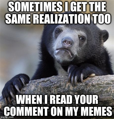 Confession Bear Meme | SOMETIMES I GET THE SAME REALIZATION TOO WHEN I READ YOUR COMMENT ON MY MEMES | image tagged in memes,confession bear | made w/ Imgflip meme maker