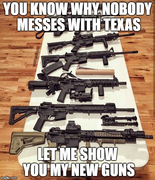 Texas | YOU KNOW WHY NOBODY MESSES WITH TEXAS; LET ME SHOW YOU MY NEW GUNS | image tagged in guns | made w/ Imgflip meme maker