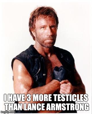 Chuck Norris Flex | I HAVE 3 MORE TESTICLES THAN LANCE ARMSTRONG | image tagged in memes,chuck norris flex,chuck norris | made w/ Imgflip meme maker