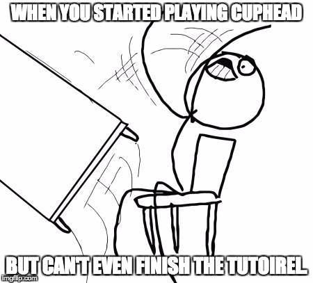 Table Flip Guy Meme | WHEN YOU STARTED PLAYING CUPHEAD; BUT CAN'T EVEN FINISH THE TUTOIREL. | image tagged in memes,table flip guy | made w/ Imgflip meme maker