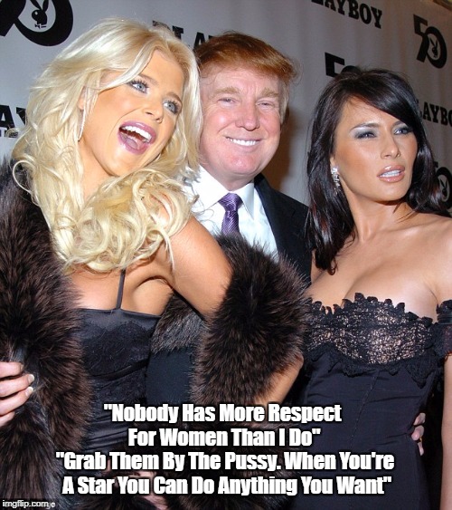 "Nobody Has More Respect For Women Than Donald Trump" | "Nobody Has More Respect For Women Than I Do" "Grab Them By The Pussy. When You're A Star You Can Do Anything You Want" | image tagged in deplorable donald,despicable donald,devious donald,dishonorable donald,sex abuser trump,dickhead trump | made w/ Imgflip meme maker