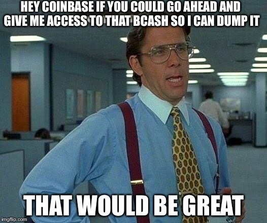 That Would Be Great Meme | HEY COINBASE IF YOU COULD GO AHEAD AND GIVE ME ACCESS TO THAT BCASH SO I CAN DUMP IT; THAT WOULD BE GREAT | image tagged in memes,that would be great | made w/ Imgflip meme maker