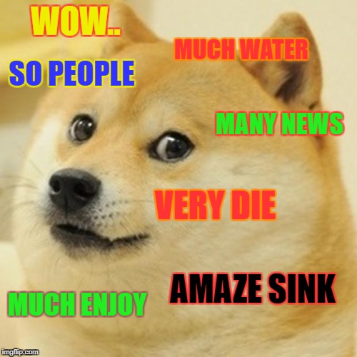 WOW.. MUCH WATER SO PEOPLE MUCH ENJOY MANY NEWS VERY DIE AMAZE SINK | image tagged in memes,doge | made w/ Imgflip meme maker
