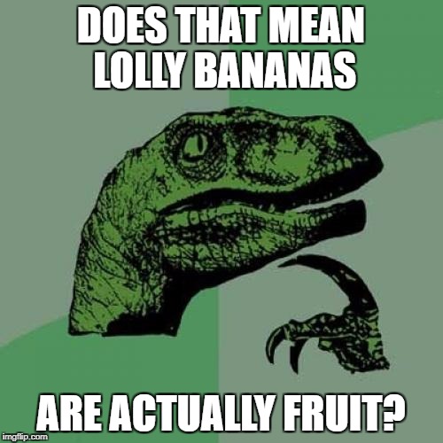 Philosoraptor Meme | DOES THAT MEAN LOLLY BANANAS ARE ACTUALLY FRUIT? | image tagged in memes,philosoraptor | made w/ Imgflip meme maker
