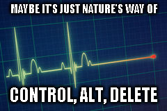 flat line ,electrocardiogram | MAYBE IT'S JUST NATURE'S WAY OF; CONTROL, ALT, DELETE | image tagged in flat line electrocardiogram | made w/ Imgflip meme maker