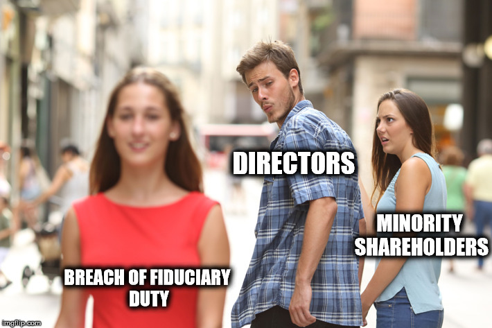 Distracted Boyfriend Meme | DIRECTORS; MINORITY SHAREHOLDERS; BREACH OF FIDUCIARY DUTY | image tagged in guy checking out another girl | made w/ Imgflip meme maker
