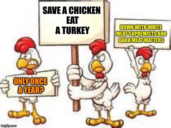 Eet mor turky | SAVE A CHICKEN EAT A TURKEY; DOWN WITH WHITE MEAT SUPREMISTS AND DARK MEAT MATTERS; ONLY ONCE A YEAR? | image tagged in memes | made w/ Imgflip meme maker