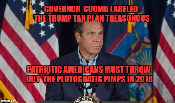 Vote Out the Plutocratic Pimps | GOVERNOR  CUOMO LABELED THE TRUMP TAX PLAN TREASONOUS; PATRIOTIC AMERICANS MUST THROW OUT  THE PLUTOCRATIC PIMPS IN 2018 | image tagged in trumps,trator,gop | made w/ Imgflip meme maker