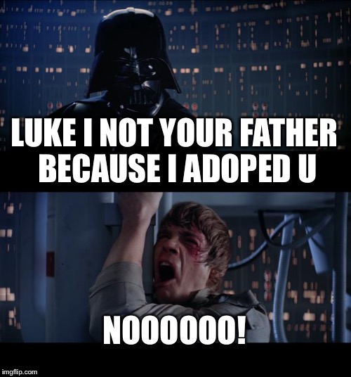 Star Wars No Meme | LUKE I NOT YOUR FATHER BECAUSE I ADOPED U; NOOOOOO! | image tagged in memes,star wars no | made w/ Imgflip meme maker