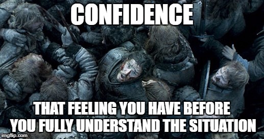 jon snow battle of the bastard | CONFIDENCE; THAT FEELING YOU HAVE BEFORE YOU FULLY UNDERSTAND THE SITUATION | image tagged in jon snow battle of the bastard | made w/ Imgflip meme maker