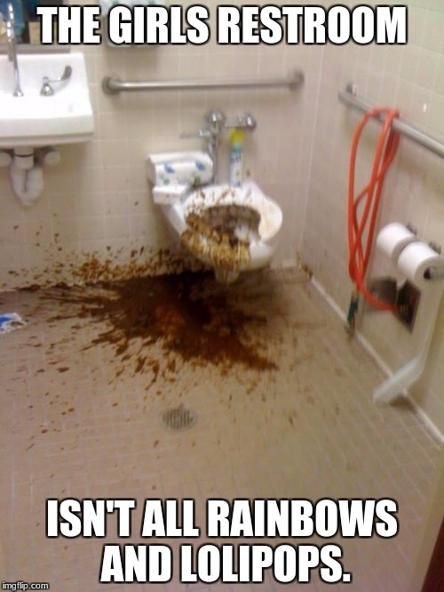Girls poop too | THE GIRLS RESTROOM; ISN'T ALL RAINBOWS AND LOLIPOPS. | image tagged in girls poop too | made w/ Imgflip meme maker