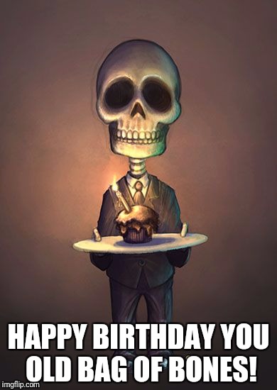 Bones birthday | HAPPY BIRTHDAY YOU OLD BAG OF BONES! | image tagged in bones birthday | made w/ Imgflip meme maker