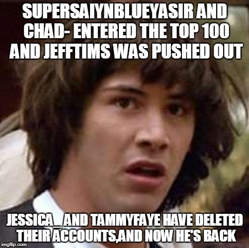 This jefftims guy is much more mysterious than we have thought! | SUPERSAIYNBLUEYASIR AND CHAD- ENTERED THE TOP 100 AND JEFFTIMS WAS PUSHED OUT; JESSICA_ AND TAMMYFAYE HAVE DELETED THEIR ACCOUNTS,AND NOW HE'S BACK | image tagged in memes,conspiracy keanu,jefftims,powermetalhead,top 100,imgflip | made w/ Imgflip meme maker