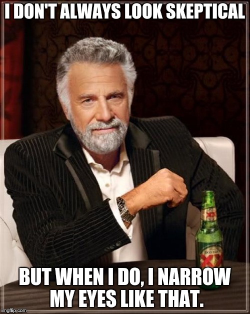 The Most Interesting Man In The World Meme | I DON'T ALWAYS LOOK SKEPTICAL BUT WHEN I DO, I NARROW MY EYES LIKE THAT. | image tagged in memes,the most interesting man in the world | made w/ Imgflip meme maker