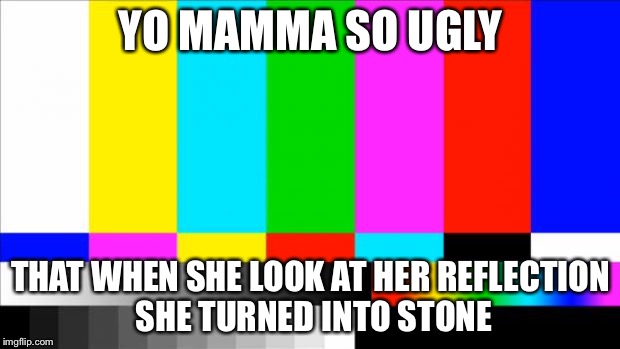 TV Test Card color | YO MAMMA SO UGLY; THAT WHEN SHE LOOK AT HER REFLECTION SHE TURNED INTO STONE | image tagged in tv test card color | made w/ Imgflip meme maker