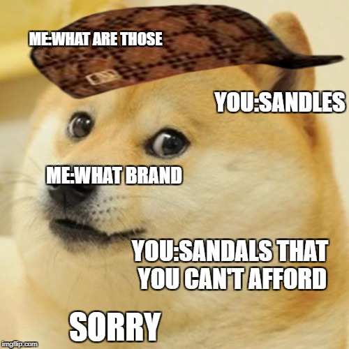 Doge Meme | ME:WHAT ARE THOSE; YOU:SANDLES; ME:WHAT BRAND; YOU:SANDALS THAT YOU CAN'T AFFORD; SORRY | image tagged in memes,doge,scumbag | made w/ Imgflip meme maker