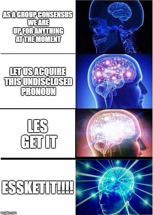 How lil pump evolved | AS A GROUP CONSENSUS WE ARE UP FOR ANYTHING AT THE MOMENT; LET US ACQUIRE THIS UNDISCLOSED PRONOUN; LES GET IT; ESSKETIT!!!! | image tagged in memes,expanding brain | made w/ Imgflip meme maker