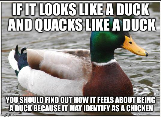 Actual Advice Mallard Meme | IF IT LOOKS LIKE A DUCK AND QUACKS LIKE A DUCK; YOU SHOULD FIND OUT HOW IT FEELS ABOUT BEING A DUCK BECAUSE IT MAY IDENTIFY AS A CHICKEN | image tagged in memes,actual advice mallard | made w/ Imgflip meme maker