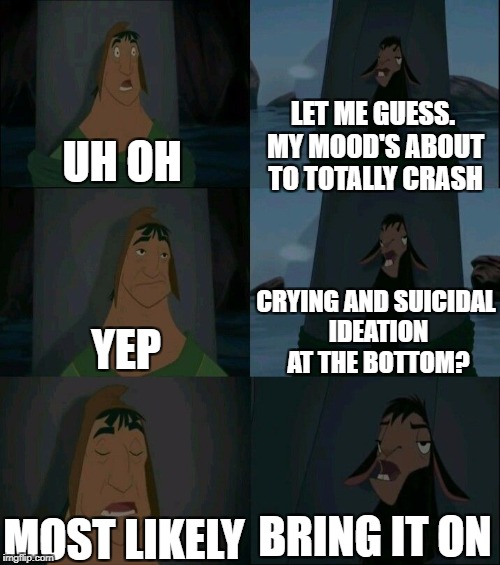 Emperor's New Groove Waterfall  | LET ME GUESS. MY MOOD'S ABOUT TO TOTALLY CRASH; UH OH; CRYING AND SUICIDAL IDEATION AT THE BOTTOM? YEP; BRING IT ON; MOST LIKELY | image tagged in emperor's new groove waterfall | made w/ Imgflip meme maker