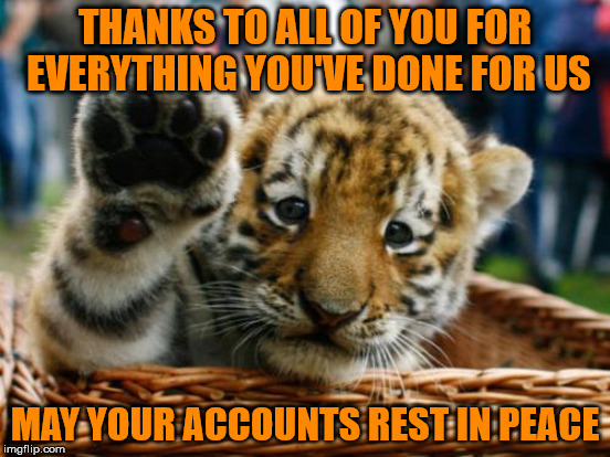 THANKS TO ALL OF YOU FOR EVERYTHING YOU'VE DONE FOR US MAY YOUR ACCOUNTS REST IN PEACE | made w/ Imgflip meme maker