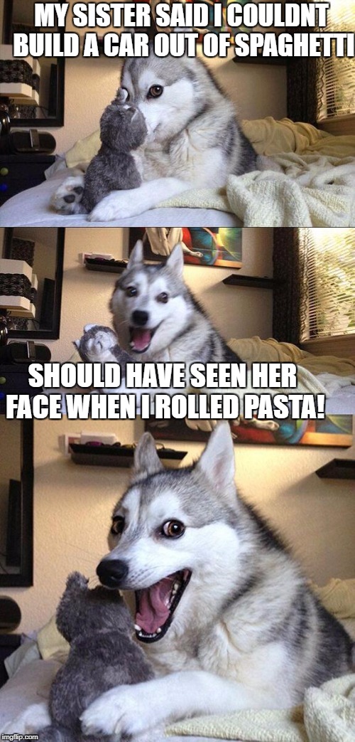 Bad Pun Dog Meme | MY SISTER SAID I COULDNT BUILD A CAR OUT OF SPAGHETTI; SHOULD HAVE SEEN HER FACE WHEN I ROLLED PASTA! | image tagged in memes,bad pun dog | made w/ Imgflip meme maker