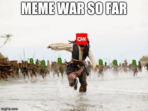 CNN being followed by meme gods | MEME WAR SO FAR | image tagged in memes,jack sparrow being chased | made w/ Imgflip meme maker