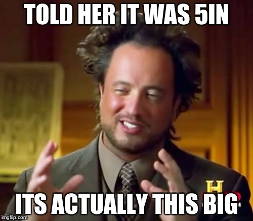 Ancient Aliens Meme | TOLD HER IT WAS 5IN; ITS ACTUALLY THIS BIG | image tagged in memes,ancient aliens | made w/ Imgflip meme maker