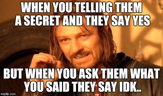 One Does Not Simply Meme | WHEN YOU TELLING THEM A SECRET AND THEY SAY YES; BUT WHEN YOU ASK THEM WHAT YOU SAID THEY SAY IDK.. | image tagged in memes,one does not simply | made w/ Imgflip meme maker