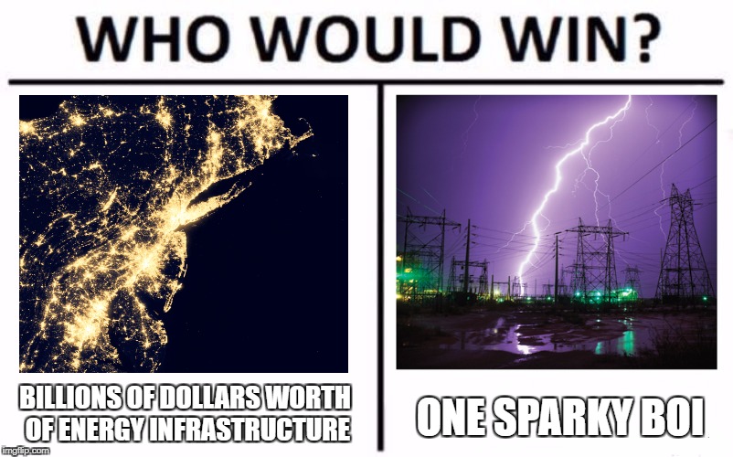 Who Would Win? Meme | BILLIONS OF DOLLARS WORTH OF ENERGY INFRASTRUCTURE; ONE SPARKY BOI | image tagged in who would win | made w/ Imgflip meme maker