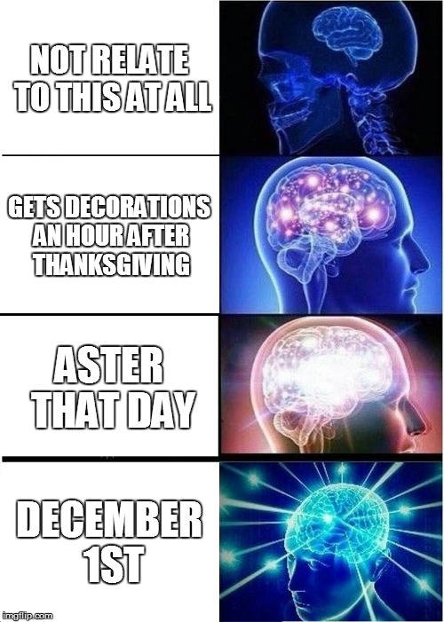 NOT RELATE TO THIS AT ALL GETS DECORATIONS AN HOUR AFTER THANKSGIVING ASTER THAT DAY DECEMBER 1ST | image tagged in memes,expanding brain | made w/ Imgflip meme maker