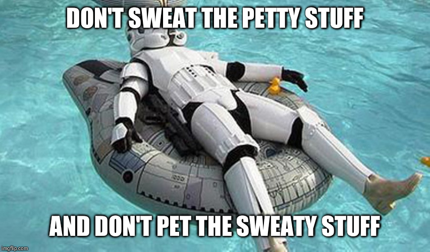 Relaxing Storm Trooper | DON'T SWEAT THE PETTY STUFF; AND DON'T PET THE SWEATY STUFF | image tagged in relaxing storm trooper | made w/ Imgflip meme maker