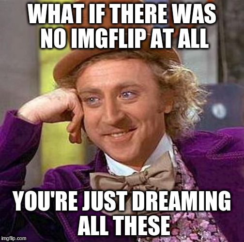 Creepy Condescending Wonka Meme | WHAT IF THERE WAS NO IMGFLIP AT ALL YOU'RE JUST DREAMING ALL THESE | image tagged in memes,creepy condescending wonka | made w/ Imgflip meme maker