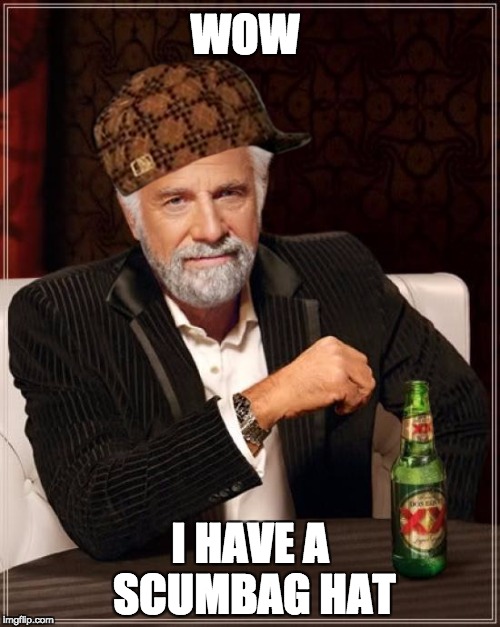 Scumbag. | WOW; I HAVE A SCUMBAG HAT | image tagged in memes,the most interesting man in the world,scumbag | made w/ Imgflip meme maker