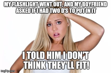 Dumb Blonde | MY FLASHLIGHT WENT OUT, AND MY BOYFRIEND ASKED IF I HAD TWO D'S TO PUT IN IT; I TOLD HIM I DON'T THINK THEY'LL FIT! | image tagged in dumb blonde,memes | made w/ Imgflip meme maker