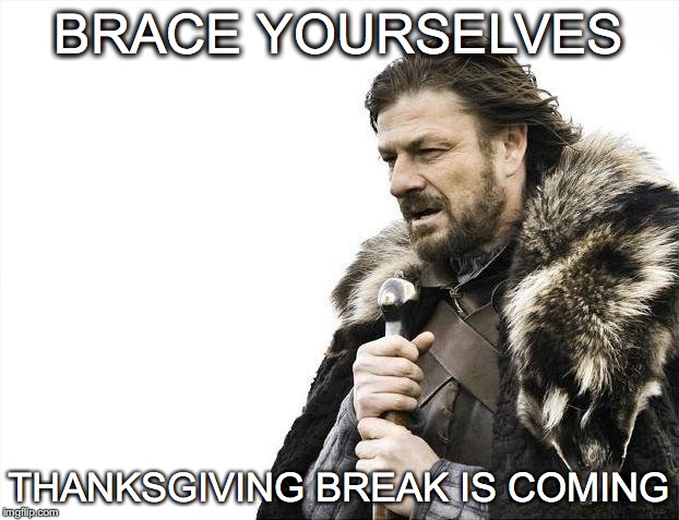 Brace Yourselves X is Coming | BRACE YOURSELVES; THANKSGIVING BREAK IS COMING | image tagged in memes,brace yourselves x is coming | made w/ Imgflip meme maker